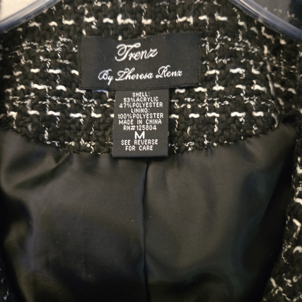 Trenz Jacket Treed Black White Ruffle Collar Zipper Size Medium Plaid Career - Picture 3 of 5